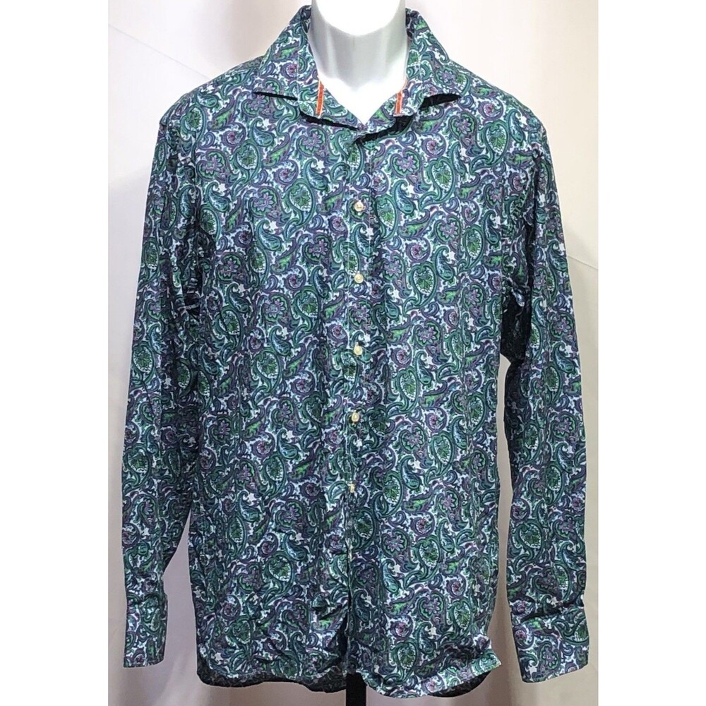 Scott James Button Up Oxford Shirt L Green Blue Floral Long Sleeve Hip Hop Funky